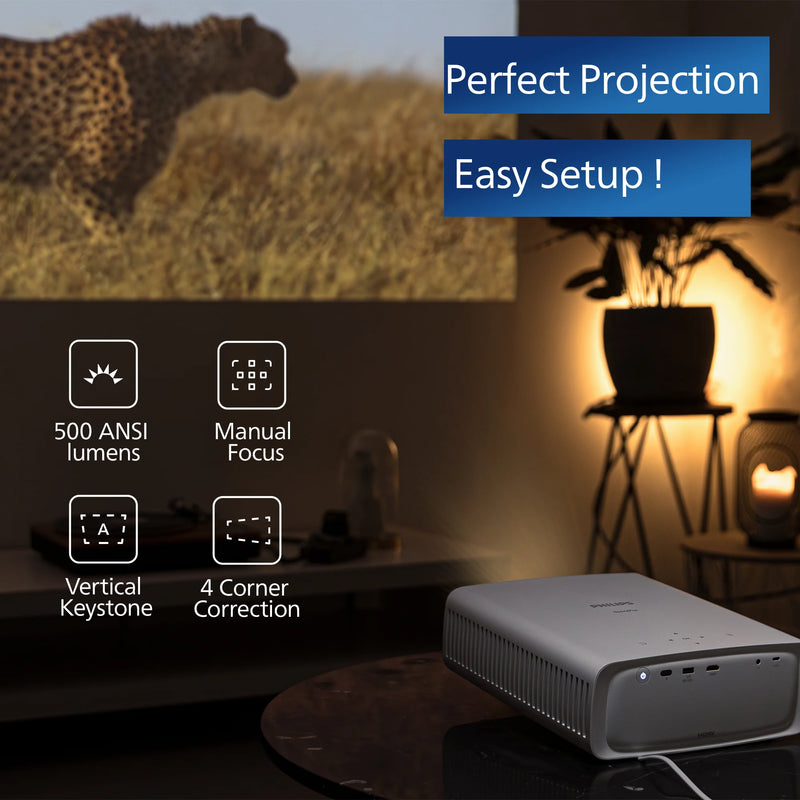 Projector with screen displaying a leopard, highlighting features like 500 ANSI lumens and manual focus. Philips NeoPix 550 Smart Projector | White | Connec It Ireland