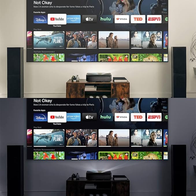 Smart TV displaying various streaming apps with a home theater setup in the background. Philips Screeneo U5 Home Projector | Ultra Short Throw | Black | Connect It Ireland