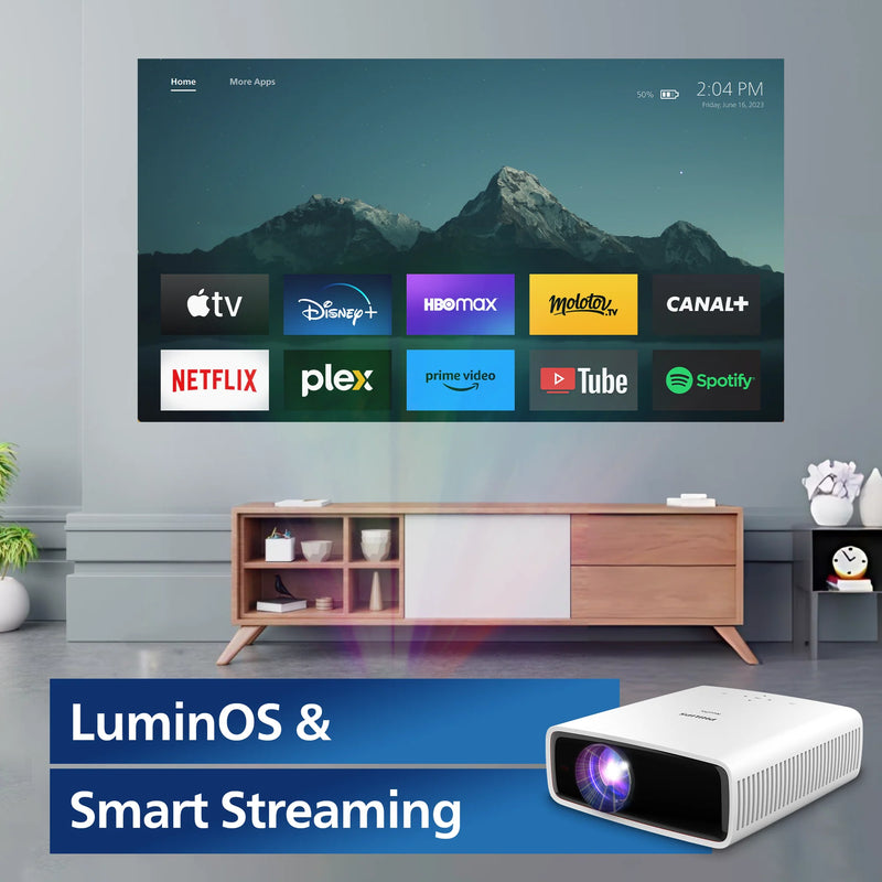 Smart TV displaying streaming app icons with a projector in front, featuring LuminOS & Smart Streaming text. Philips NeoPix 550 Smart Projector | White | Connec It Ireland
