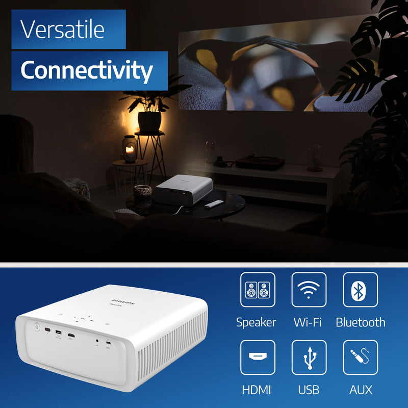 Home theater setup with a projector and 'Versatile Connectivity' text overlay. Philips NeoPix 550 Smart Projector | White | Connec It Ireland