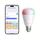 Aqara LED Bulb T2 E27 smart bulb shown with mobile app interface displaying RGB color and brightness controls. Ideal for smart home lighting.
