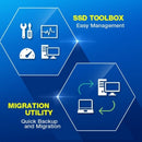 Blue promotional graphic for an SSD Toolbox software feature, showing two hexagonal panels with white icons and yellow/white text: 'SSD TOOLBOX Easy Management' and 'MIGRATION UTILITY Quick Backup and Migration'.