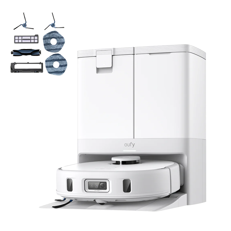 Robotic vacuum cleaner with attachments on a white background | Eufy X10 Pro Omni Robovac | White | Ultimate Bundle | Connect It Ireland