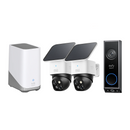 SoloCam S340 (2 pack) with solar panels, Video Doorbell E340, and HomeBase S380 bundle for smart home security. Ideal for 3K video surveillance setups.
