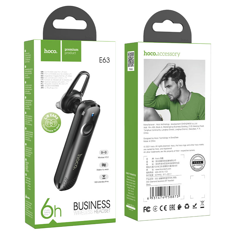 Hoco E63 Diamond Business Bluetooth Headset | Black | Connect It Ireland