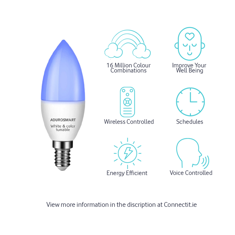 ERIA C40 6W | Smart White and Colour Tunable E14 Candle Light Bulb Features